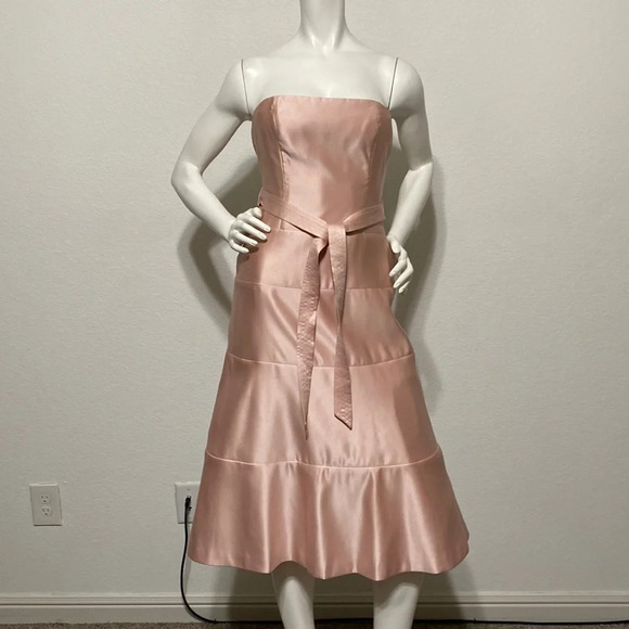 BCBGMaxAzria Pink Satin Strapless Belted Midi Dress Size 2 - Picture 1 of 4